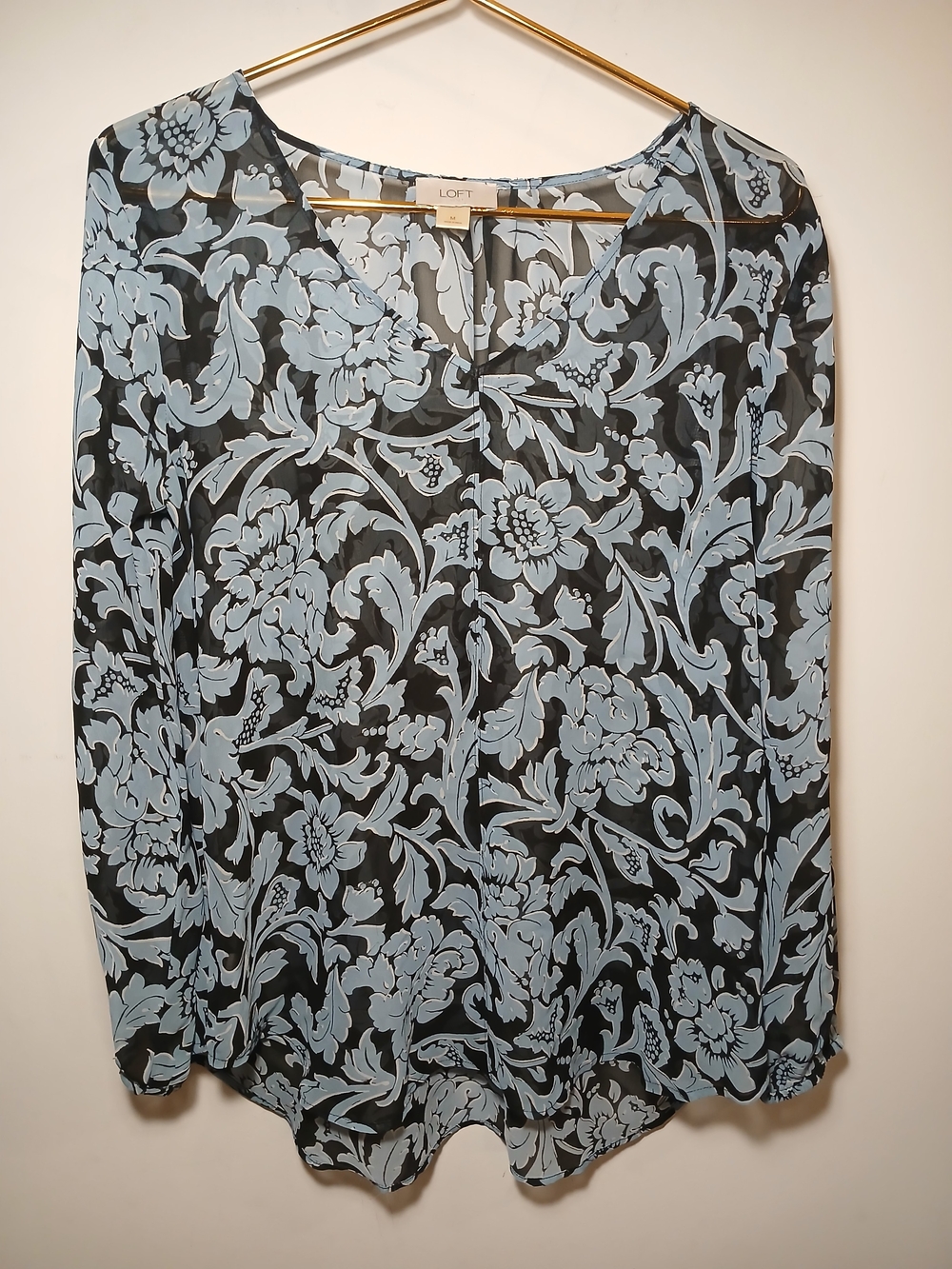 LOFT Black Floral V-Neck Blouse with Light Blue Pattern